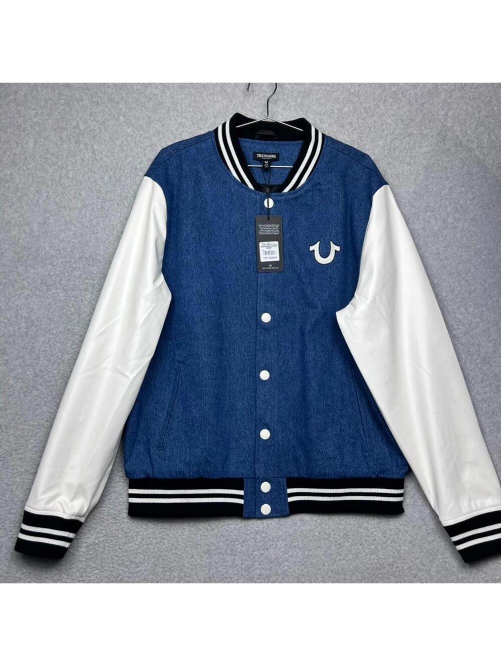 True Religion Mens Varsity Jacket Blue Denim White Sleeve Buddha Logo Size L